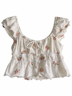 Kirious Eyelet Floral Peplum Top Medium White Cottagecore